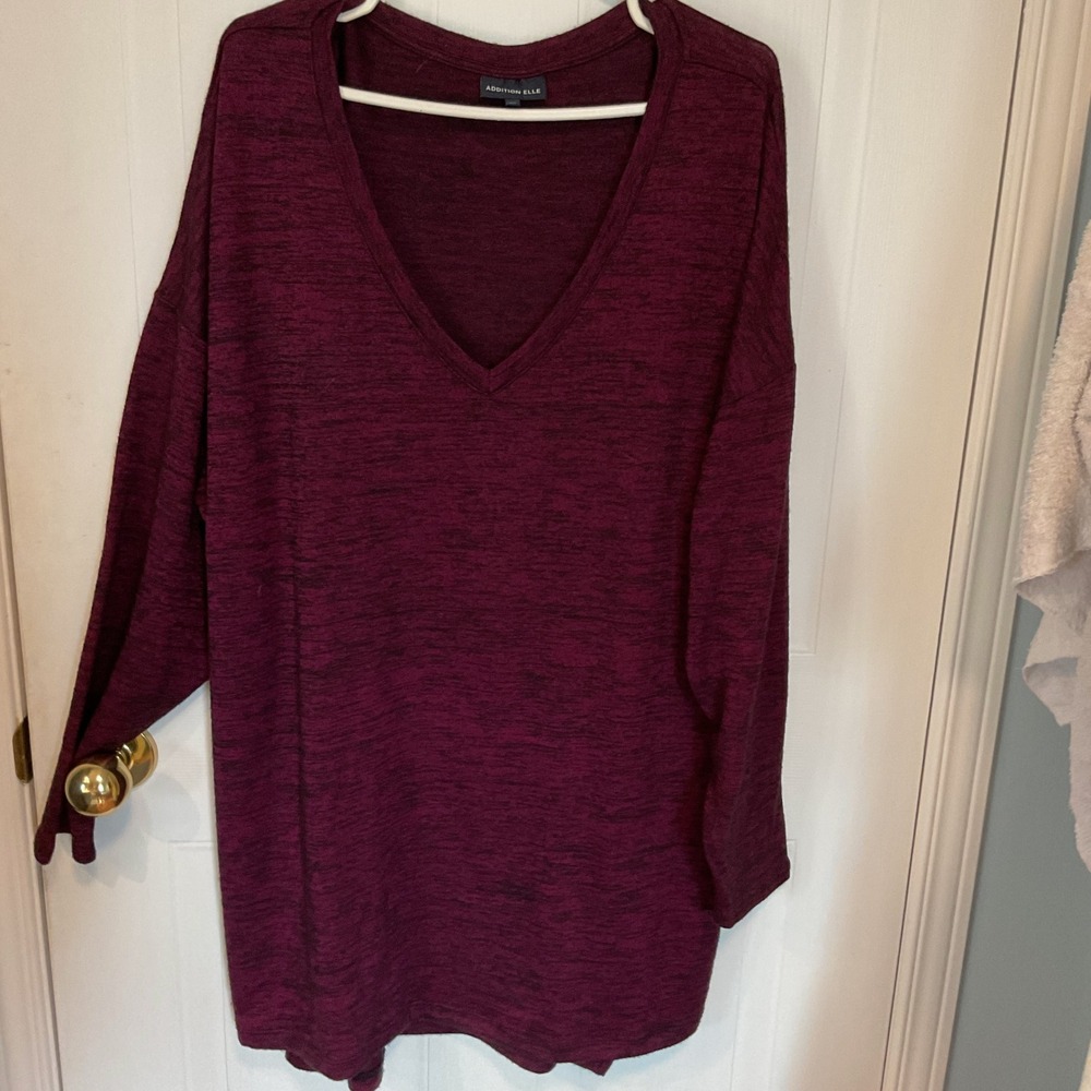 Addition Elle Tunic Top Womens 3X Burgundy Excellent Marled V-Neck Knit High-Low